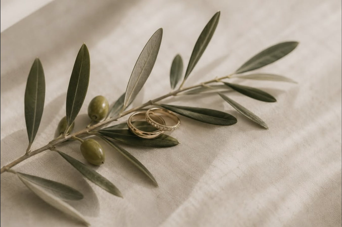 Alianzas de boda doradas sobre una rama de olivo, detalle de mesa de boda mediterránea