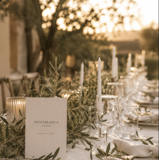 Mesa de boda mediterránea decorada al atardecer con velas y ramas de olivo, Málaga
